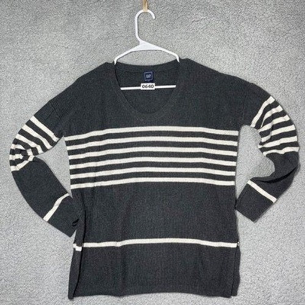 Gap V-Neck Striped Pullover Sweater Womens Medium Charcoal Gray Ribbed 000640